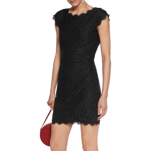 Diane von Furstenberg Barbara Black Floral Lace Back Zip Cap Sleeve Dress EUC 8 - Picture 1 of 12